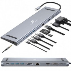 Stacja dokująca HUB USB Typ-C Maclean MCTV-850, HDMI / USB 3.0 / USB-C / VGA/ RJ-45 / PD (Power Delivery), aluminiowa obudow