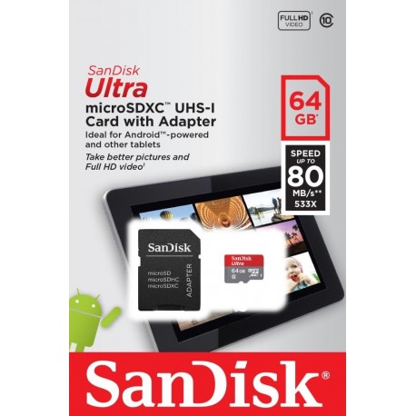 Karta pamięci microSDXC SanDisk ULTRA ANDROID 64 GB 80 MB/s Class 10 UHS-I + ADAPTER SD